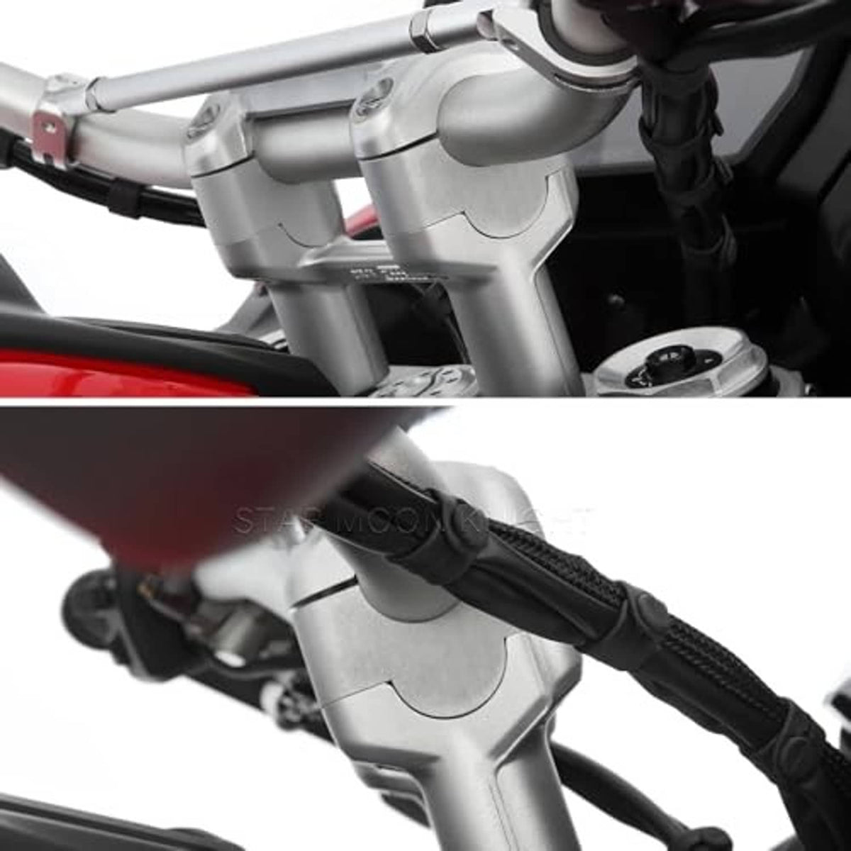 Mounted silver handlebar riser clamp with handlebars and black grip