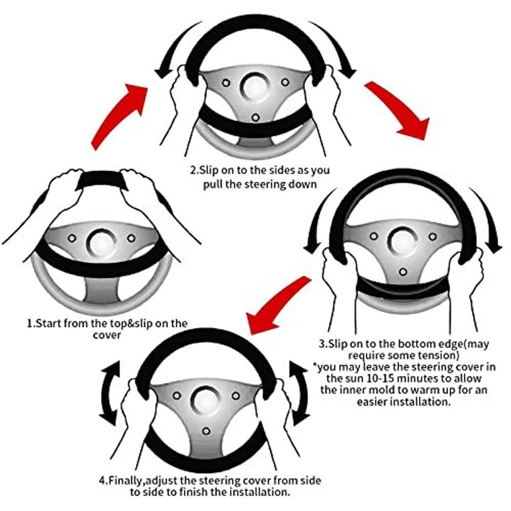 Steering wheel cover installation diagram with red paisley cover and black edge