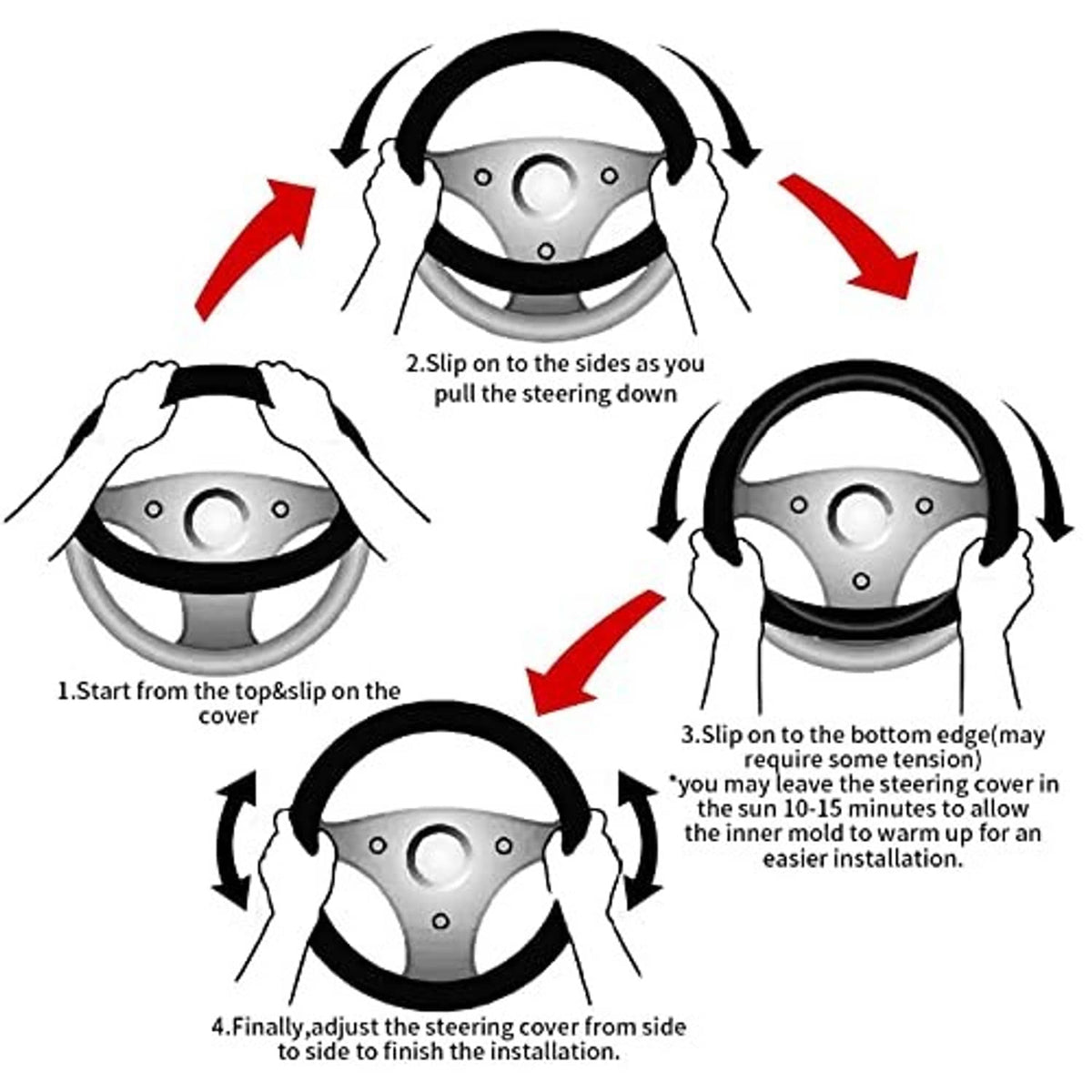 Steering wheel cover installation diagram with red paisley cover and black edge
