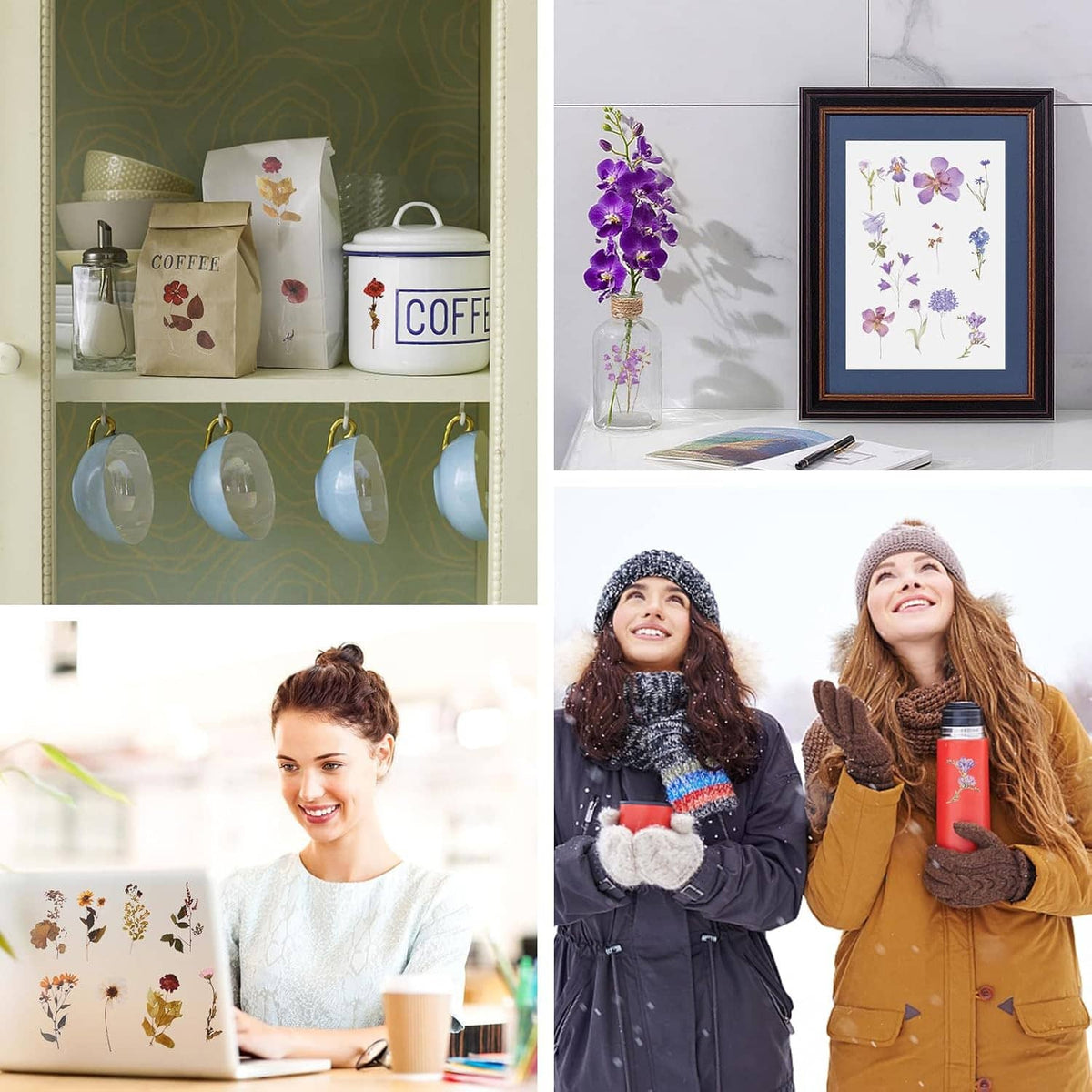 Flower stickers used as wall decor in a framed floral layout and home setting