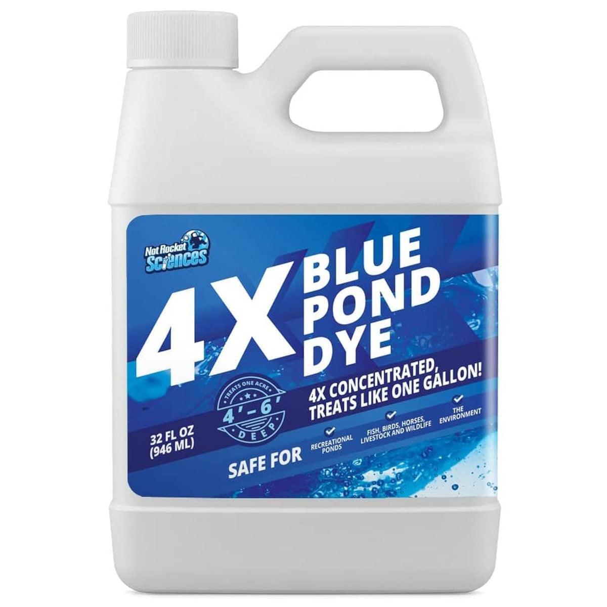 Blue pond dye concentrate jug with front label, 32 fl oz, 4X Blue Pond Dye.