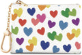 Heart-pattern PU coin purse with gold zipper and gold keychain ring, white base.
