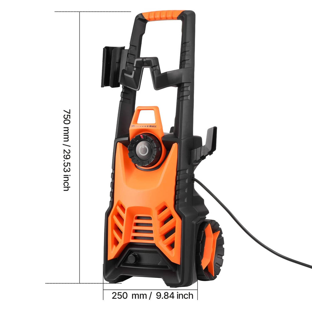Orange and black pressure washer with front dial, side nozzle holder, and connected hose