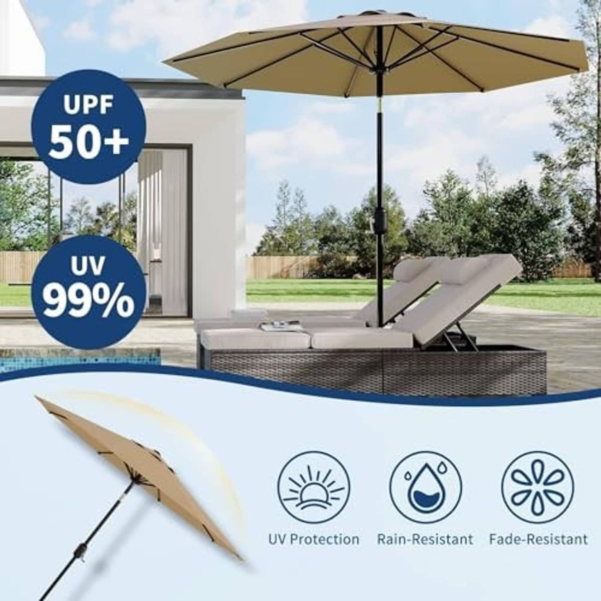Tan patio table umbrella with vented canopy and black pole in an outdoor setting