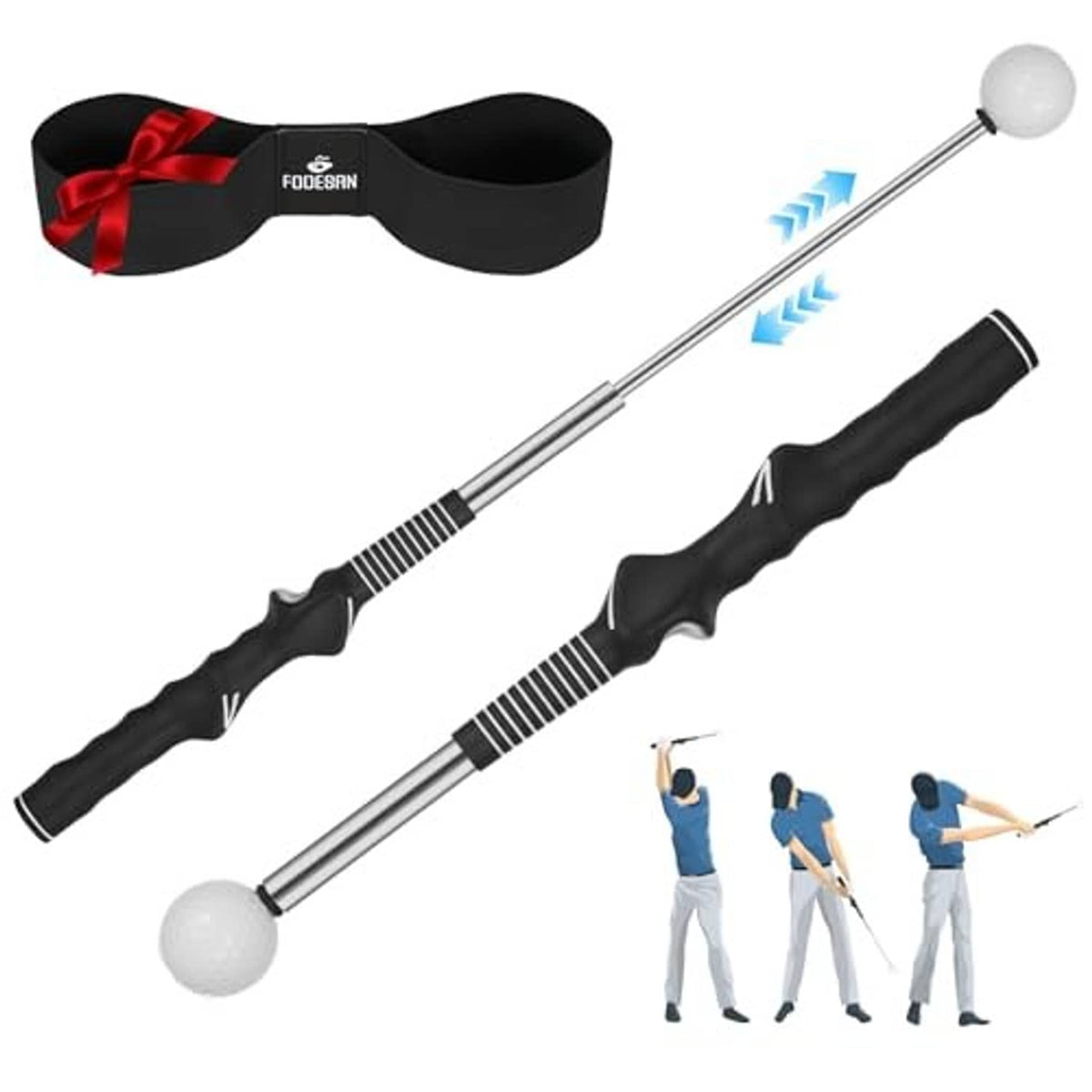 Golf swing trainer set with foam ball heads and padded grips, plus storage strap