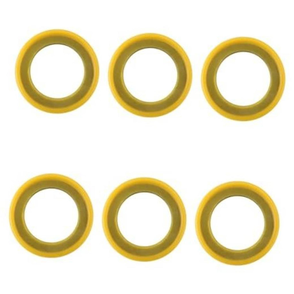 Nine yellow round seal washers/gaskets arranged on a white background