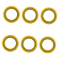 Nine yellow round seal washers/gaskets arranged on a white background