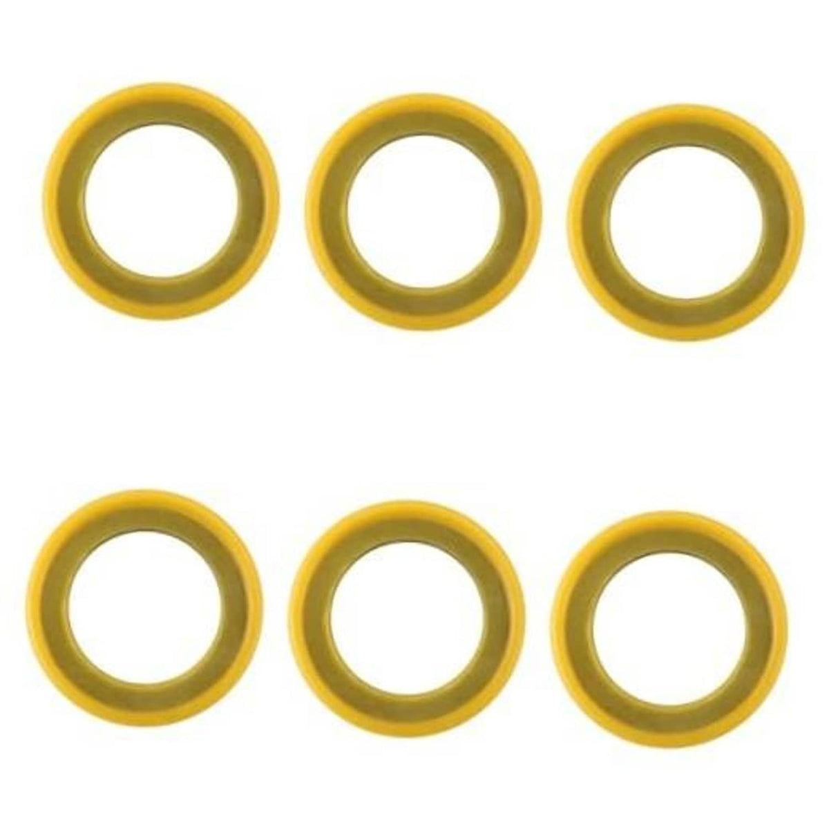 Nine yellow round seal washers/gaskets arranged on a white background
