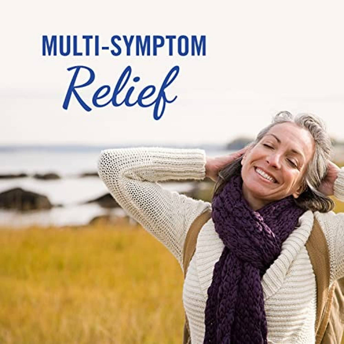 Multi-symptom relief promotional graphic with text and smiling person