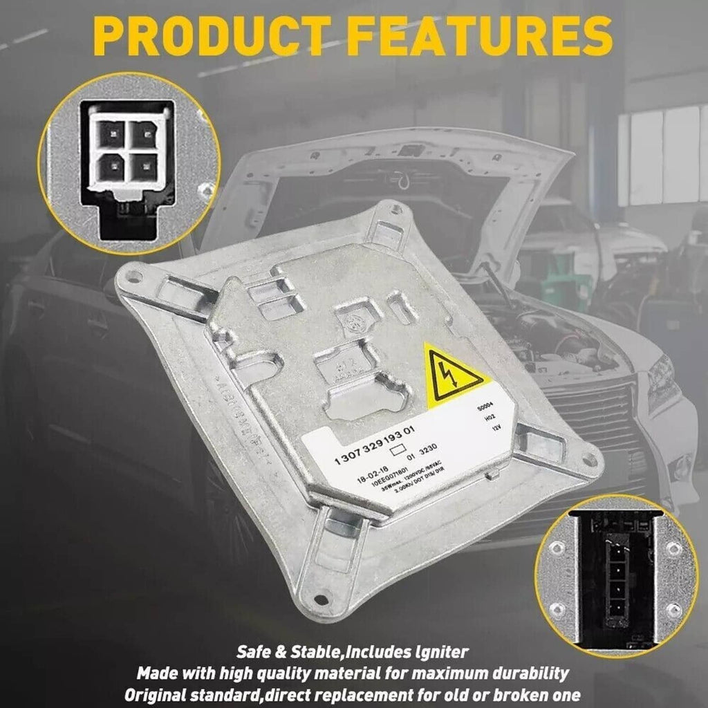 Silver HID ballast module with electrical warning triangle and connector port callouts