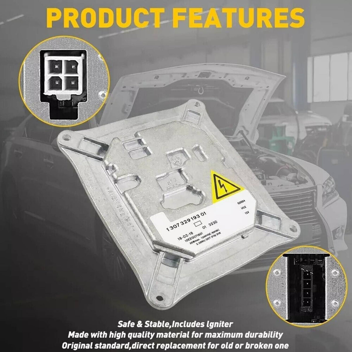 Silver HID ballast module with electrical warning triangle and connector port callouts