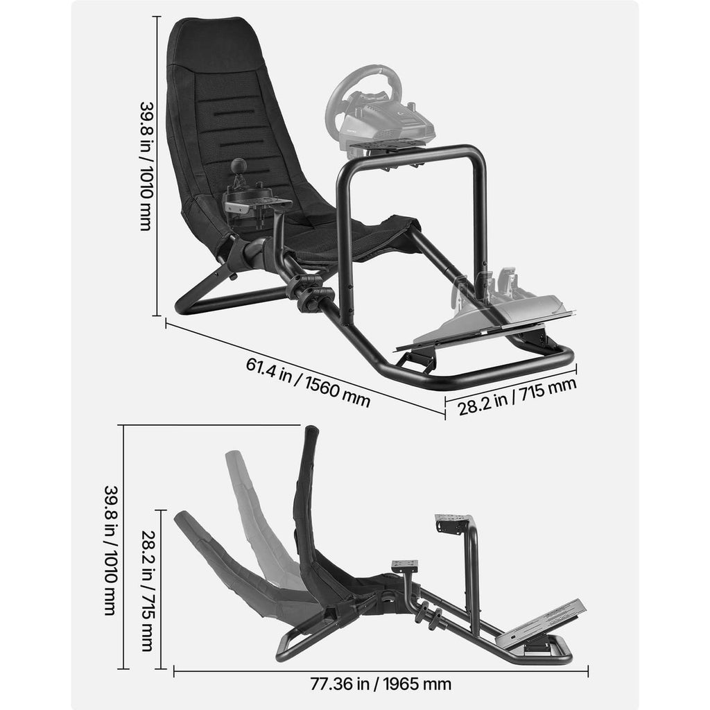 Black racing wheel stand with reclining seat and adjustable pedal platform (size shown).