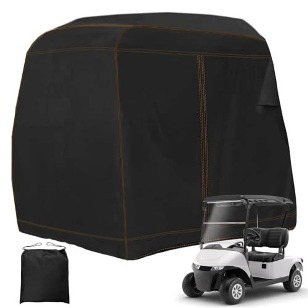 Black golf cart cover for two passengers with storage bag and zipper access