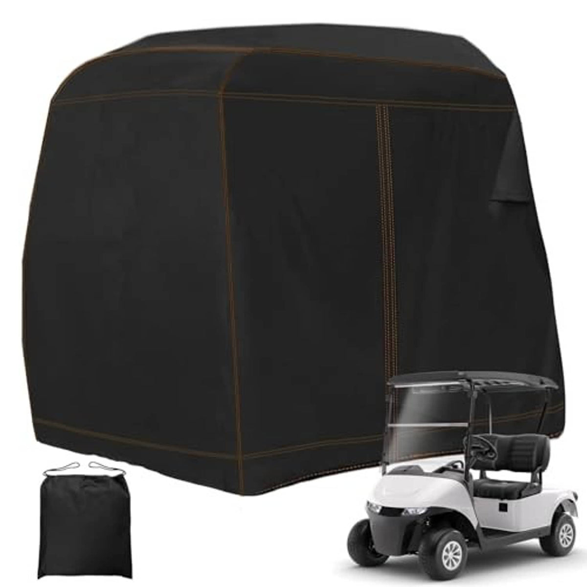 Black golf cart cover for two passengers with storage bag and zipper access