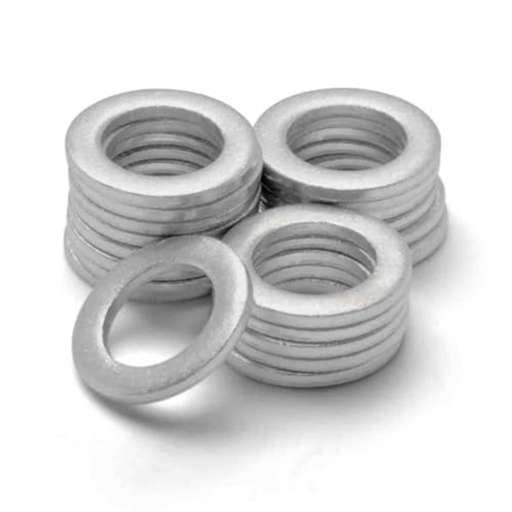 Oil drain plug crush washers, three silver rings with circular center openings