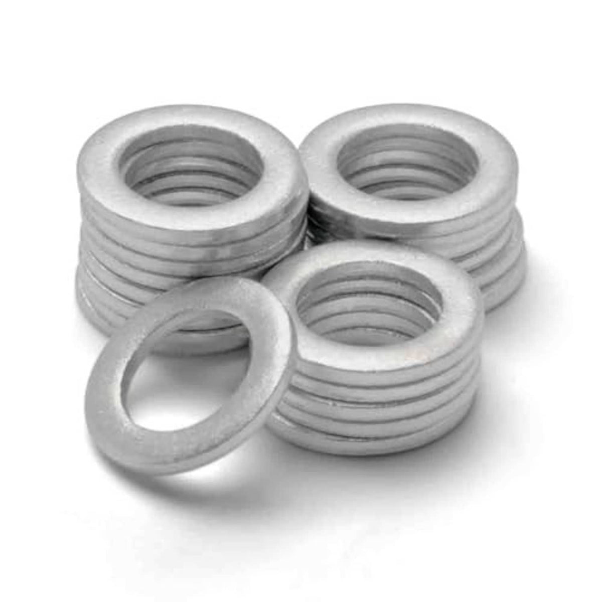 Oil drain plug crush washers, three silver rings with circular center openings