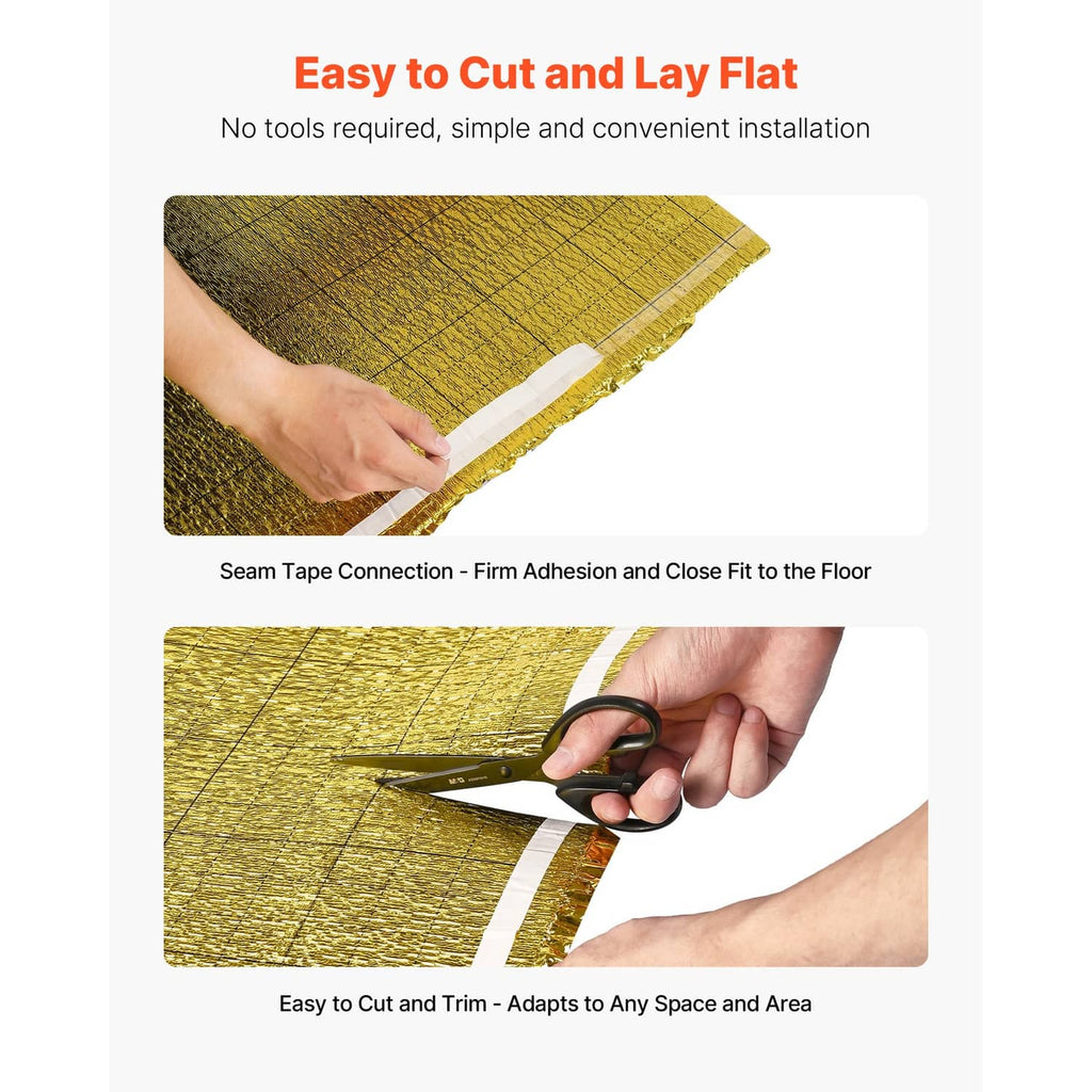 Gold floor underlayment roll being cut with shears on a dark backing sheet