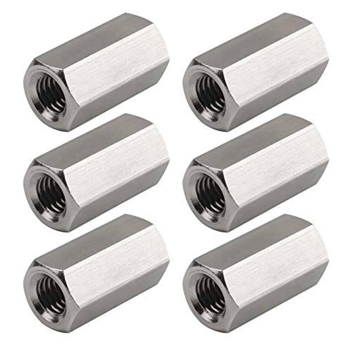 M6 hex coupling nuts, silver metal, threaded ends visible, 25mm length pack of 8