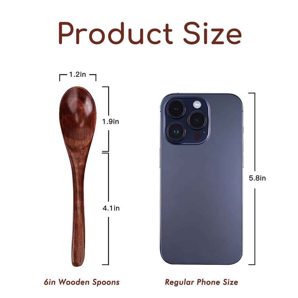 Brown wooden spoon with pointed handle shown with size markings in close-up