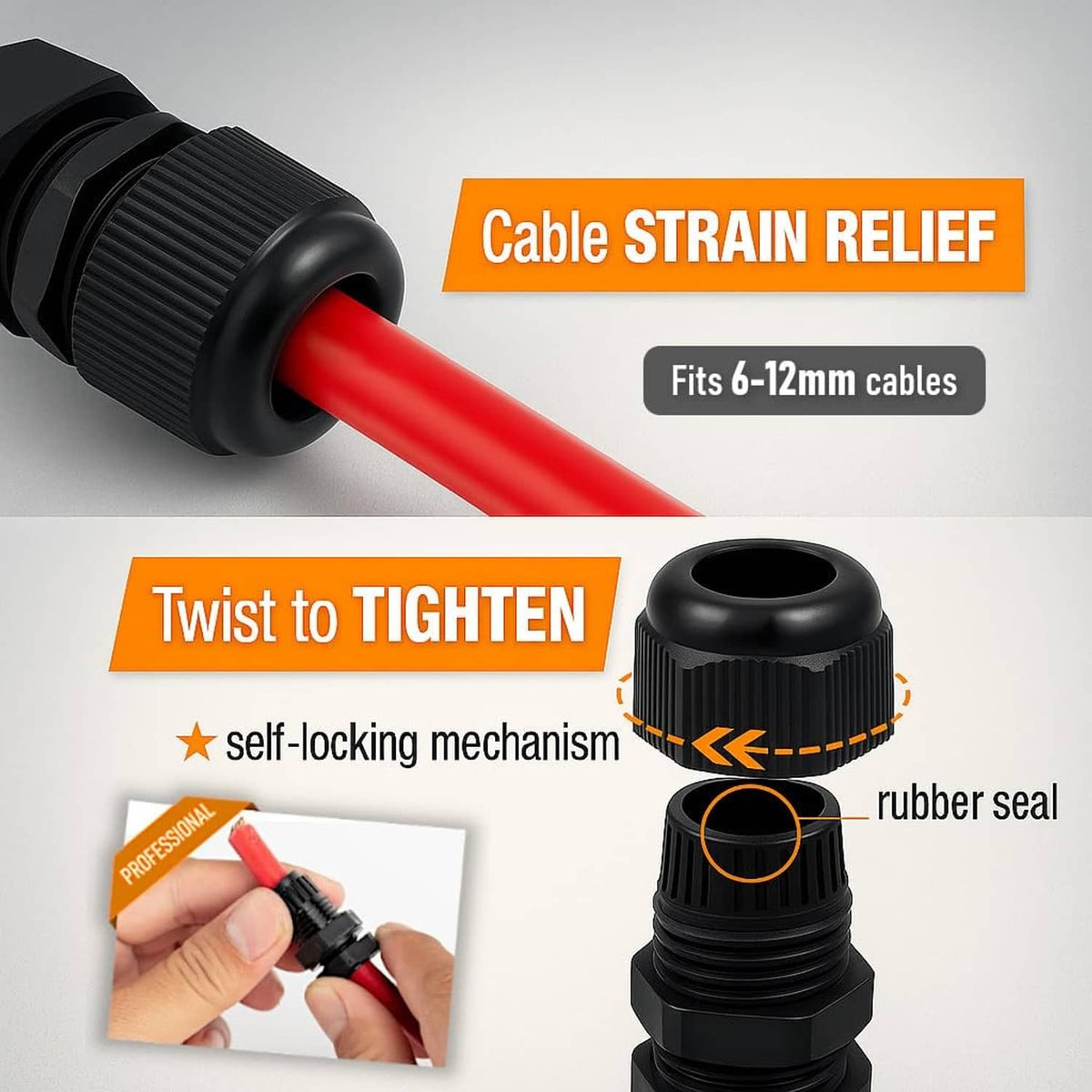 Black cord grip strain relief with rubber seal and textured grip, shown with red cable