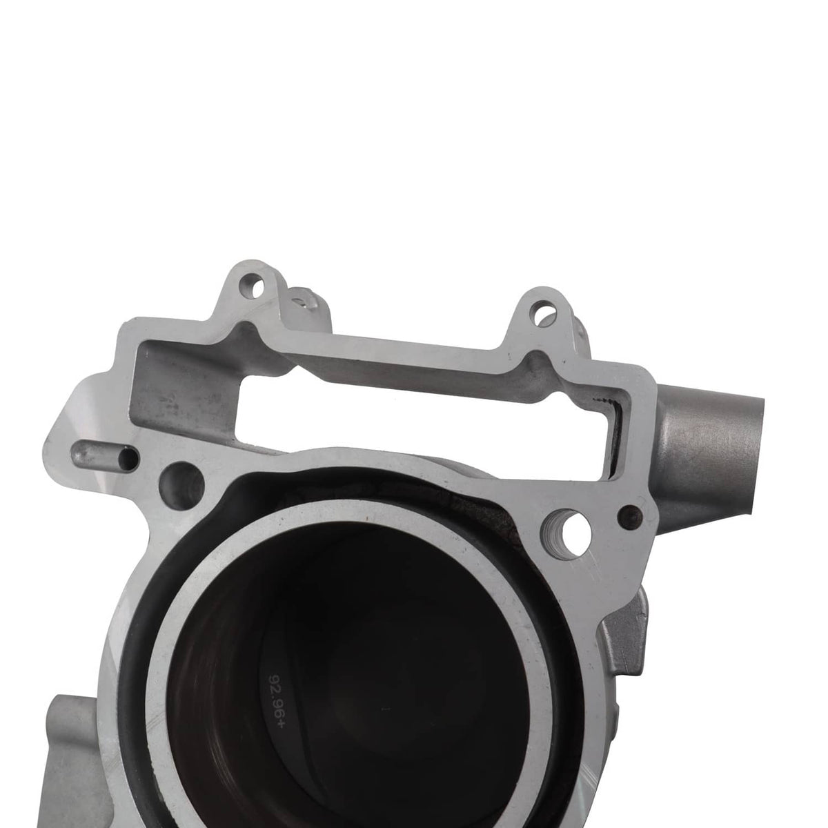 Engine cylinder block with piston bore opening and mounting holes, machined metal frame