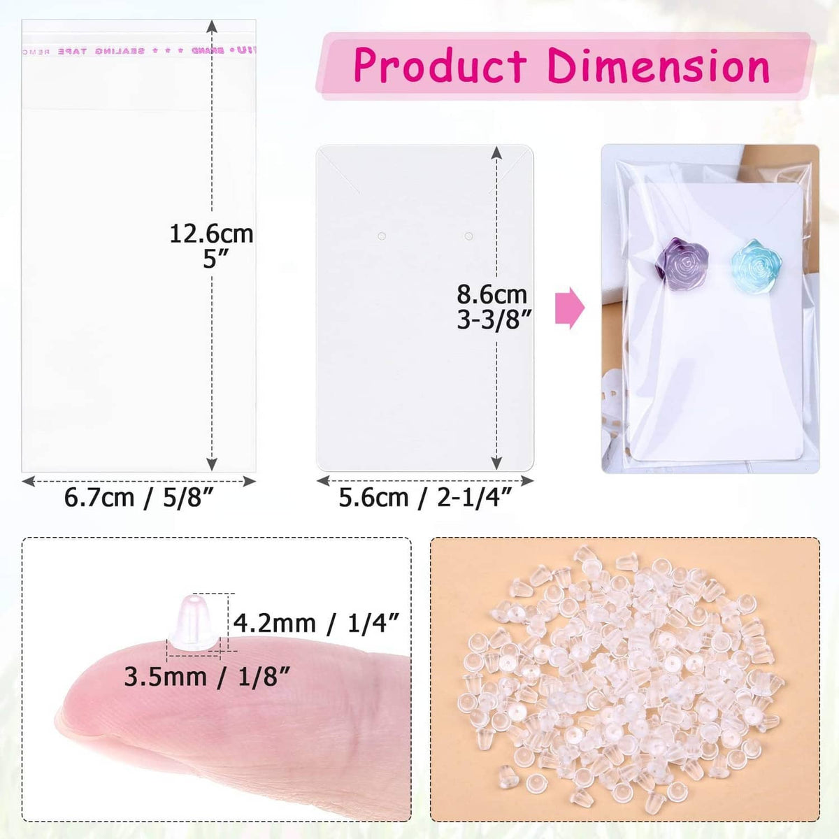 Earring display card and self-seal bag size diagram with example packaging