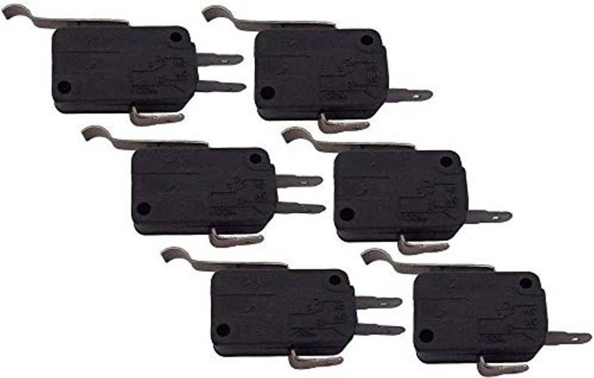 Set of 6 black micro switches with lever actuator and 3-prong connectors, rectangular bodies