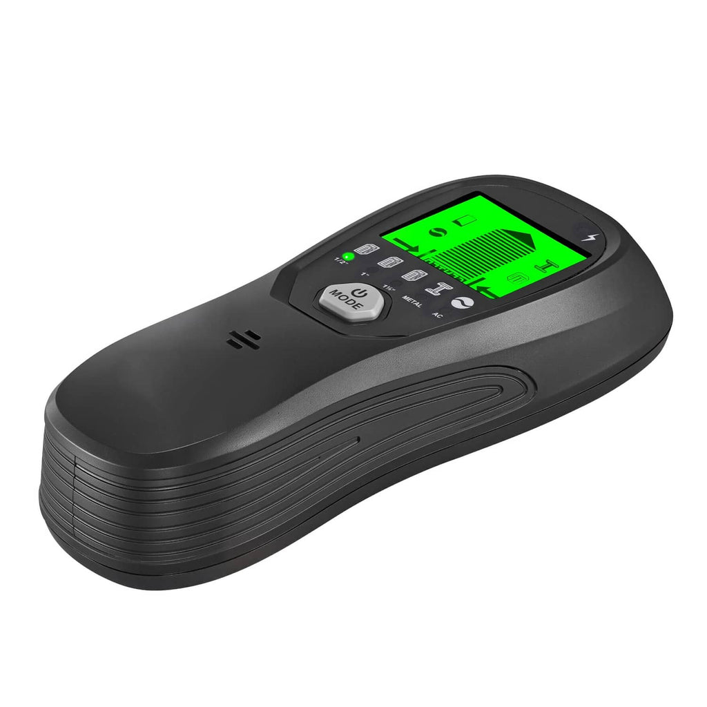 Handheld wall scanner with green LCD display, mode button, and side vents