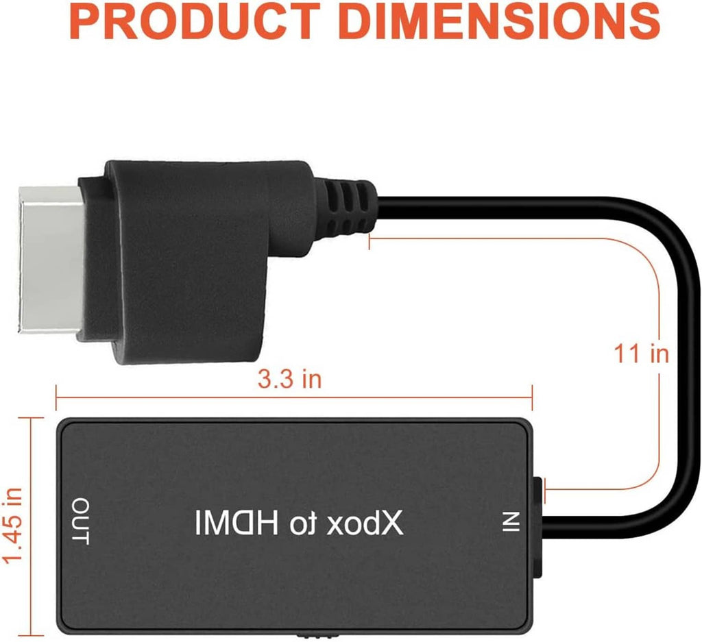 Xbox-to-HDMI converter dimensions diagram with black housing and cable connections