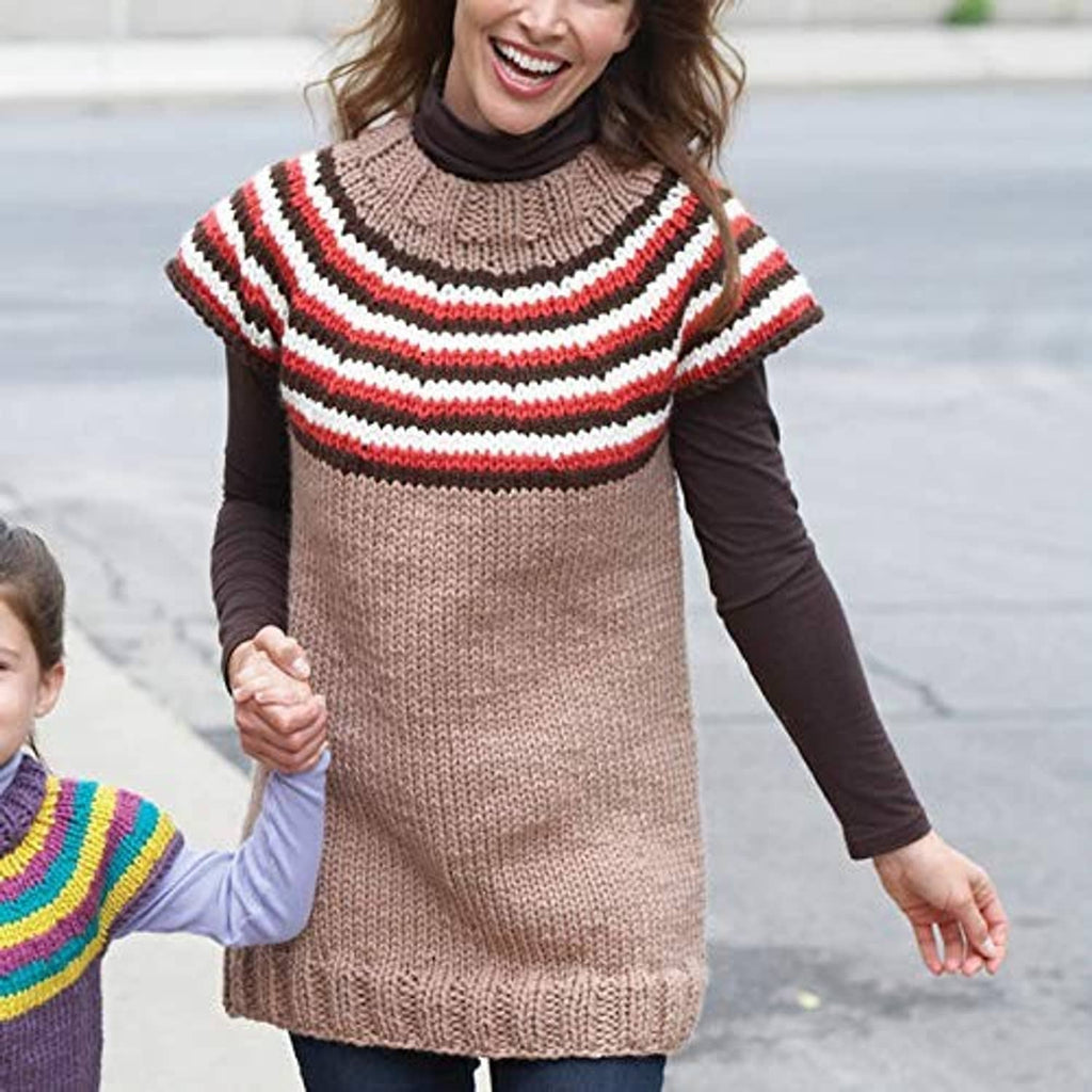 Taupe knit top vest with red and white striped yoke