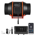 Inline ventilation fan with EC motor, black duct housing, orange frame, and app controller
