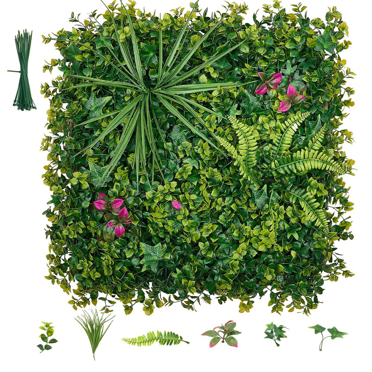 Artificial greenery square wall panel with assorted leafy plants and small pink flowers