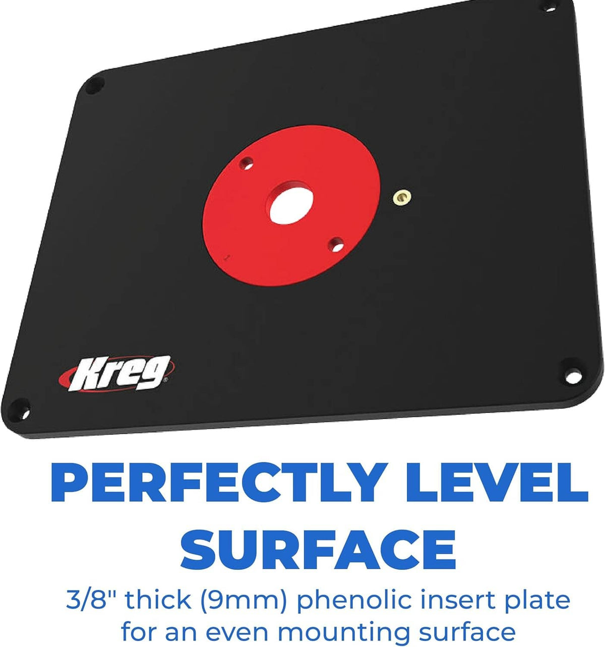 Black router table insert plate with red center opening and mounting holes