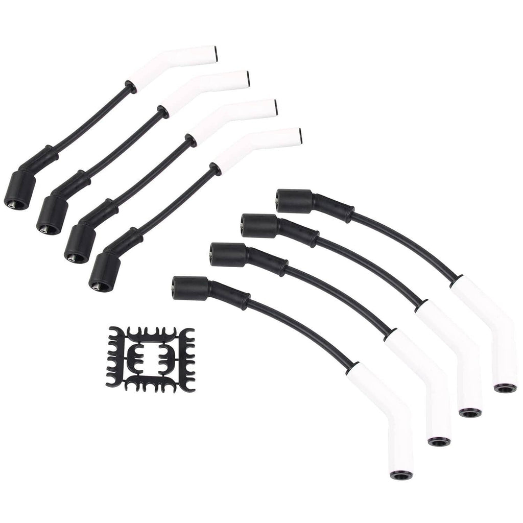 Spark plug wire set with black leads and white ceramic boots, curved lengths