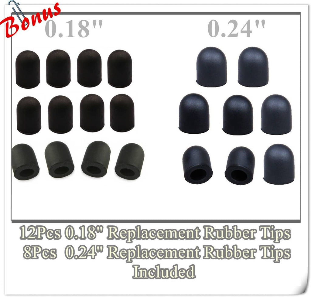 Set of black replacement rubber tips for touch screen stylus, labeled 0.18 and 0.24