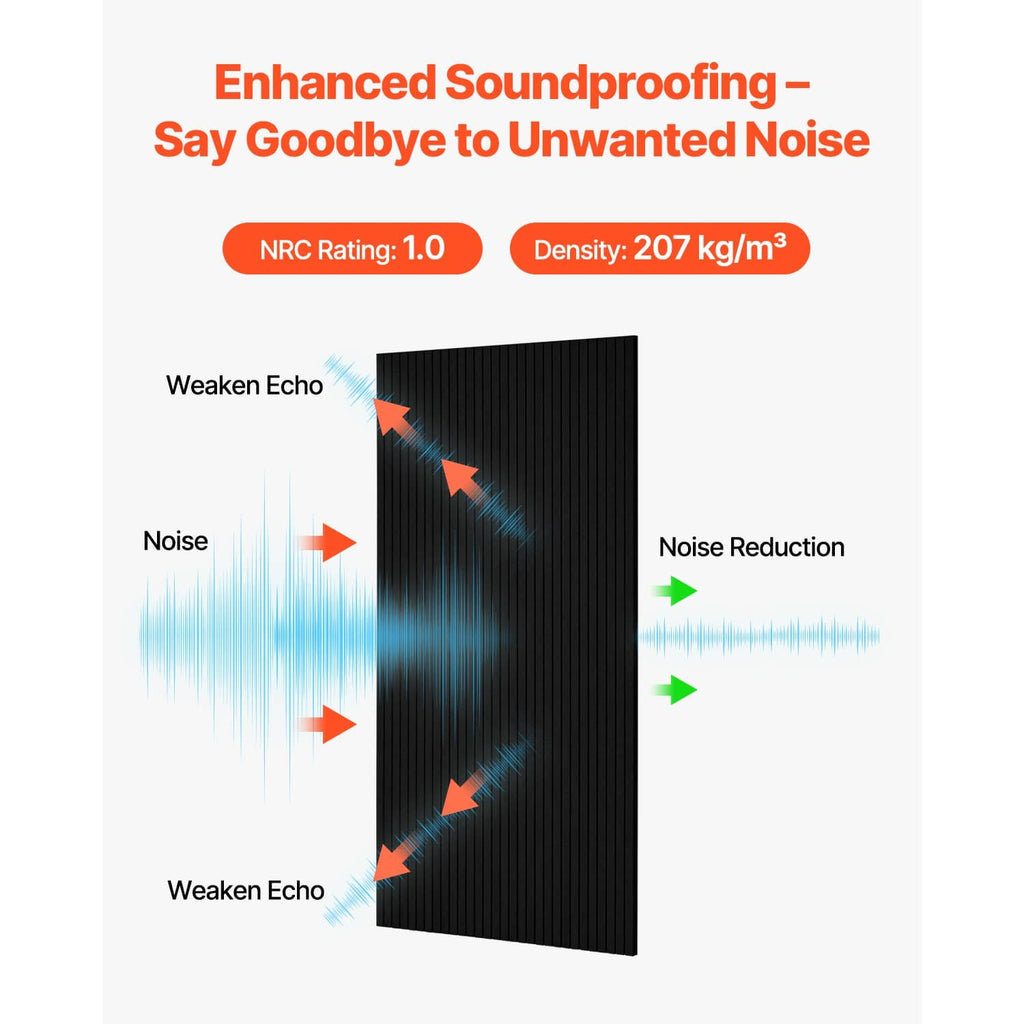 Black acoustic wall panel with soundproofing noise-reduction arrows and bars