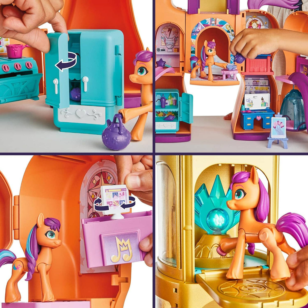 Open orange and purple playset with doll interior rooms and colorful side compartments