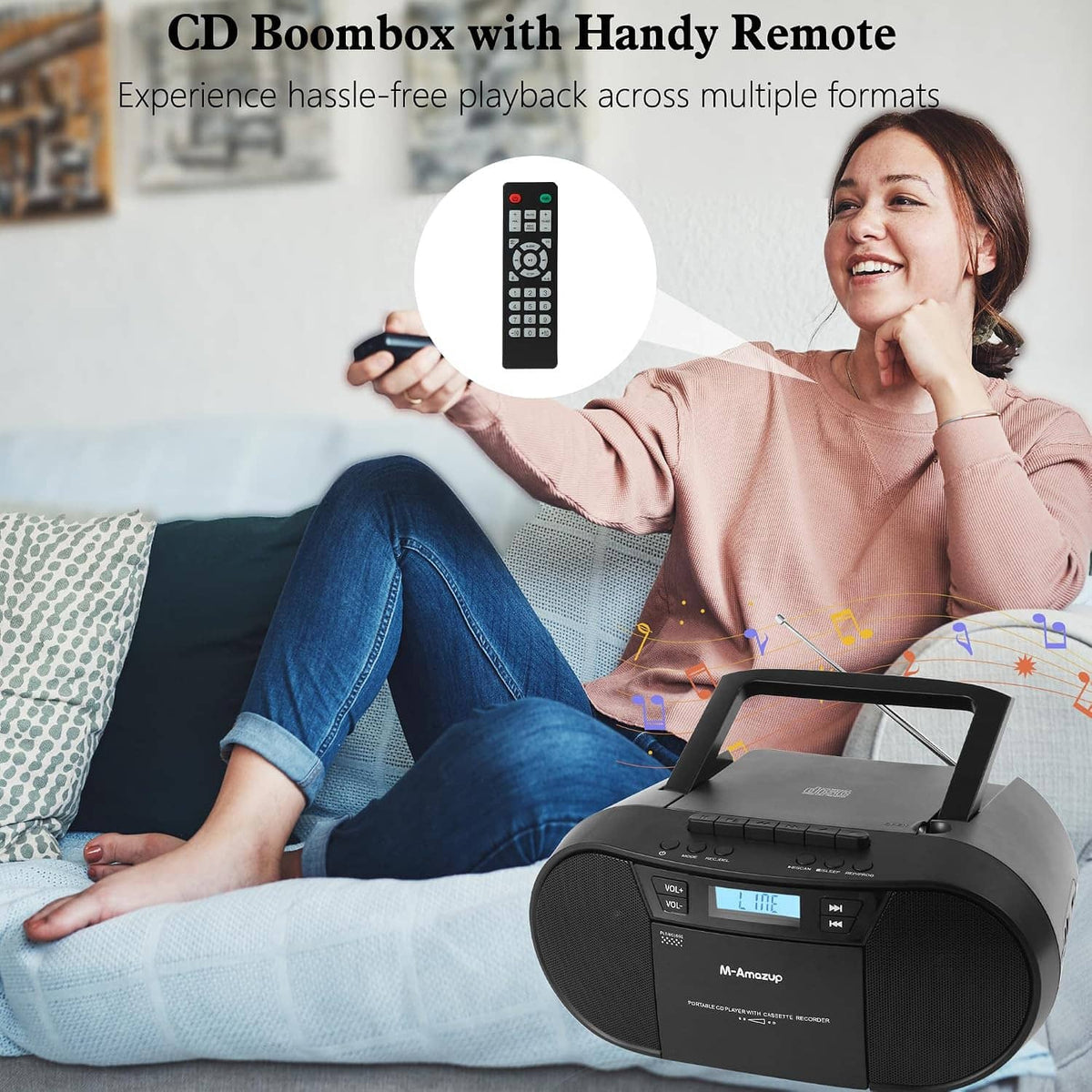 Black portable CD boombox with remote control and front display and speaker grille