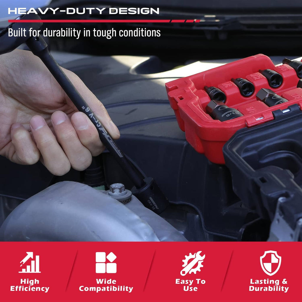 Hand tool with socket set bit in use; red impact tool case and black bit