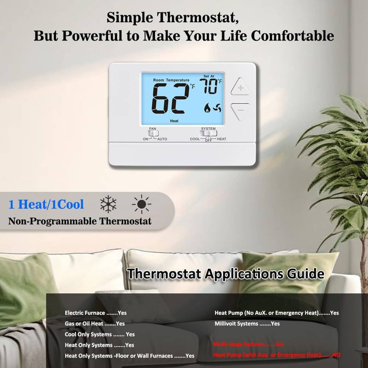 White digital thermostat on wall with blue display and heat/cool indicator icons
