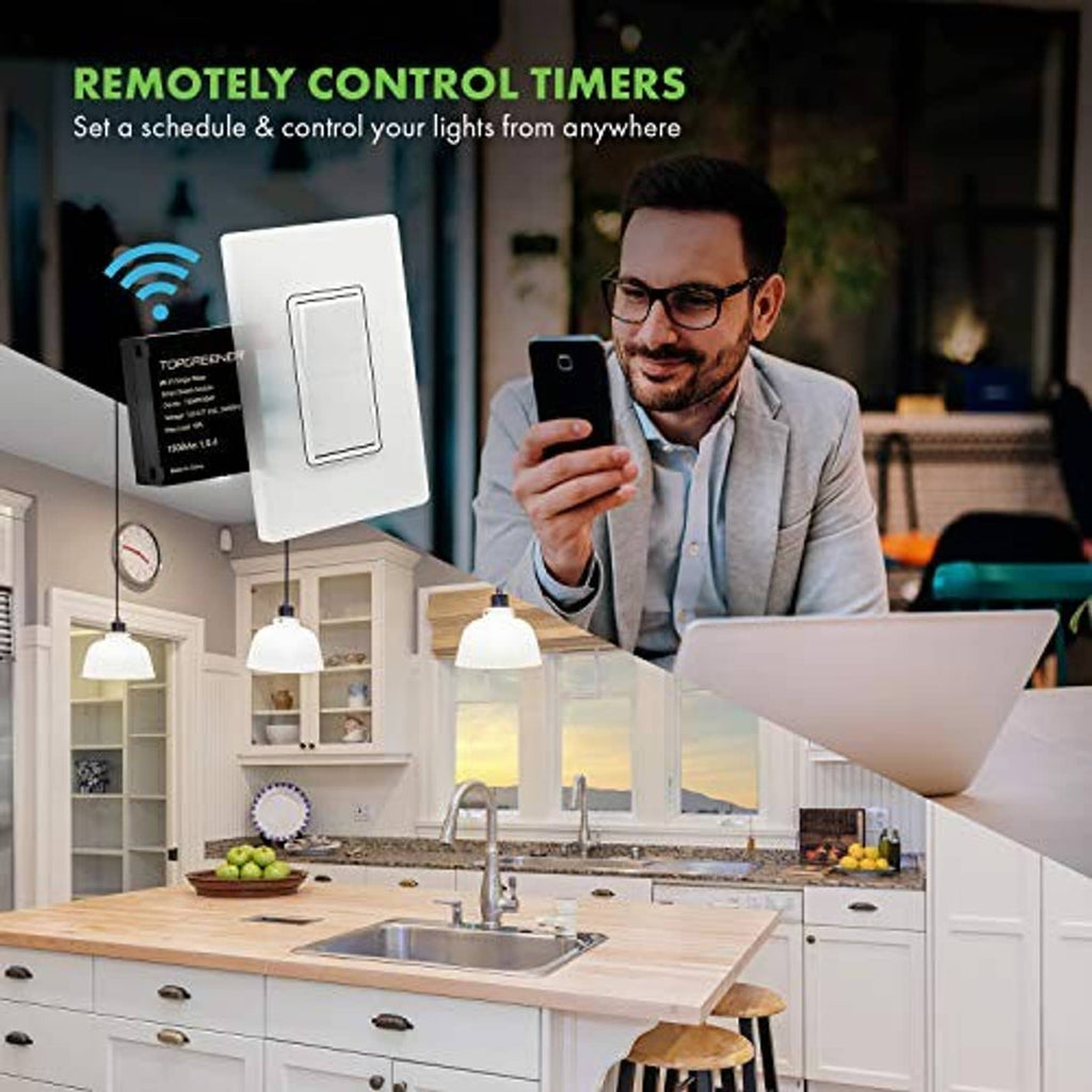 Black Wi‑Fi relay module and white wall switch plate for remote control