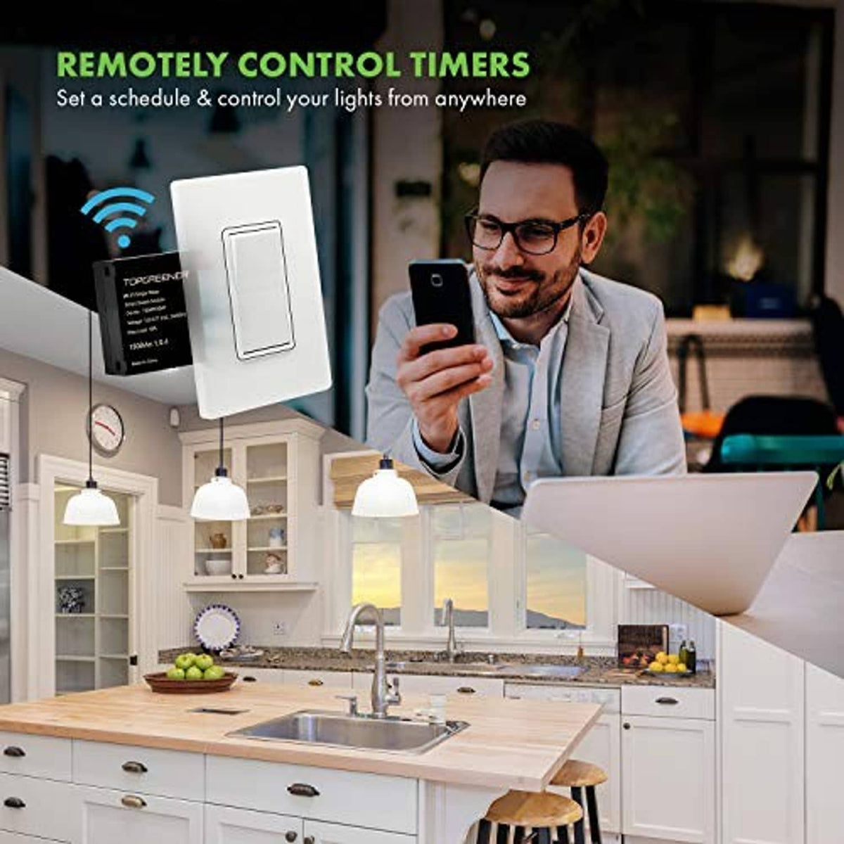 Black Wi‑Fi relay module and white wall switch plate for remote control