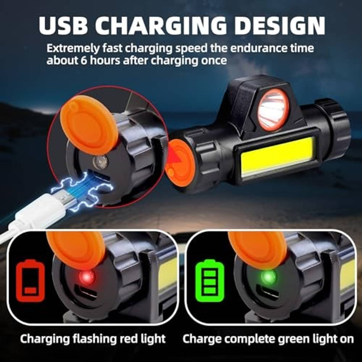 Rechargeable UTV dome light with USB charging design and charging status indicator