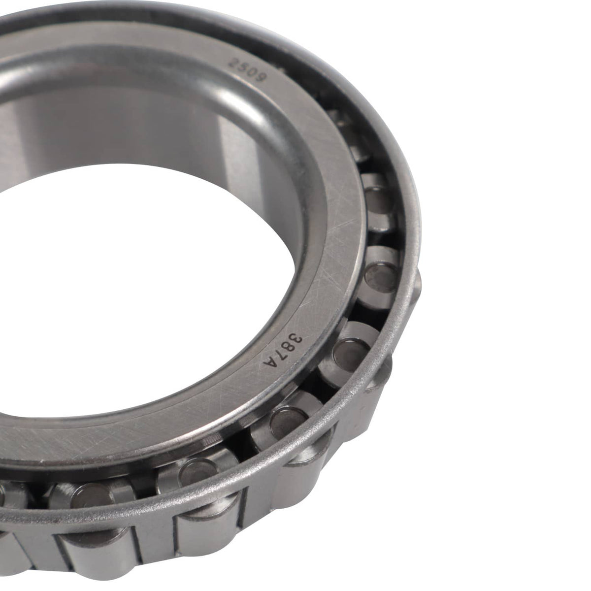 Trailer bearing kit close-up: tapered bearing rollers near the rim of the outer race