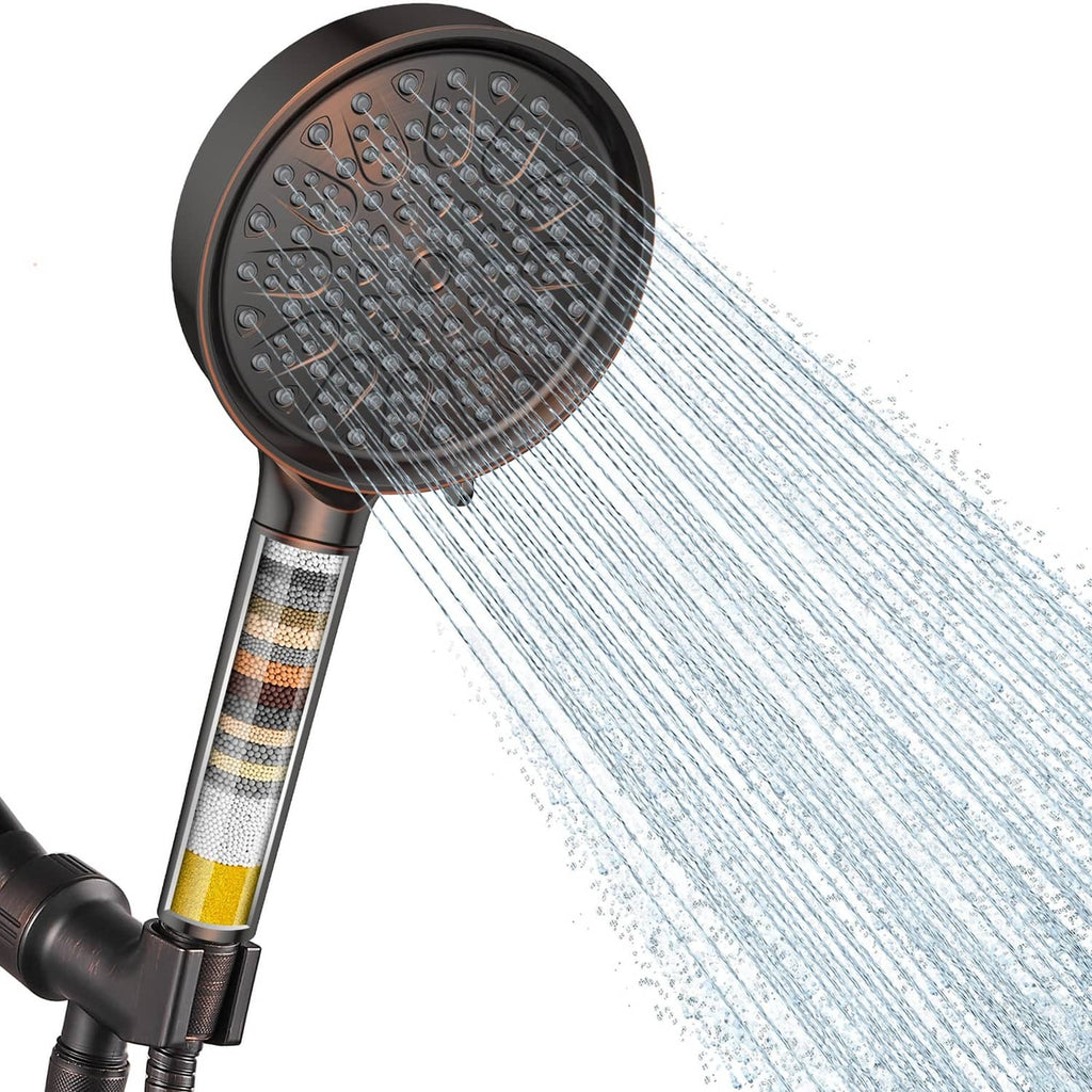 Oil-rubbed bronze filtered shower head with handheld sprayer and spray stream