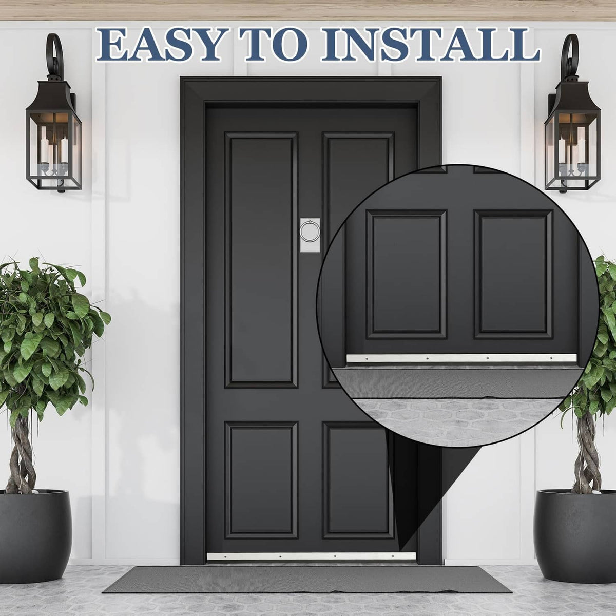 Door sweep installed: silver aluminum bottom strip with black vinyl edge