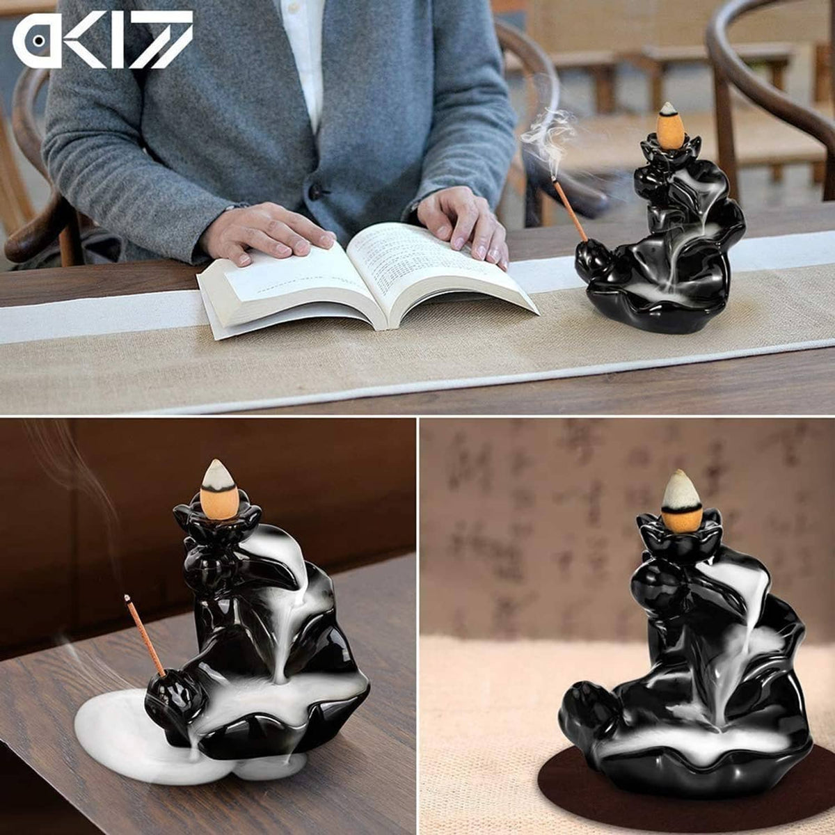 Black ceramic incense holder shaped as lotus kneeling figure on round base