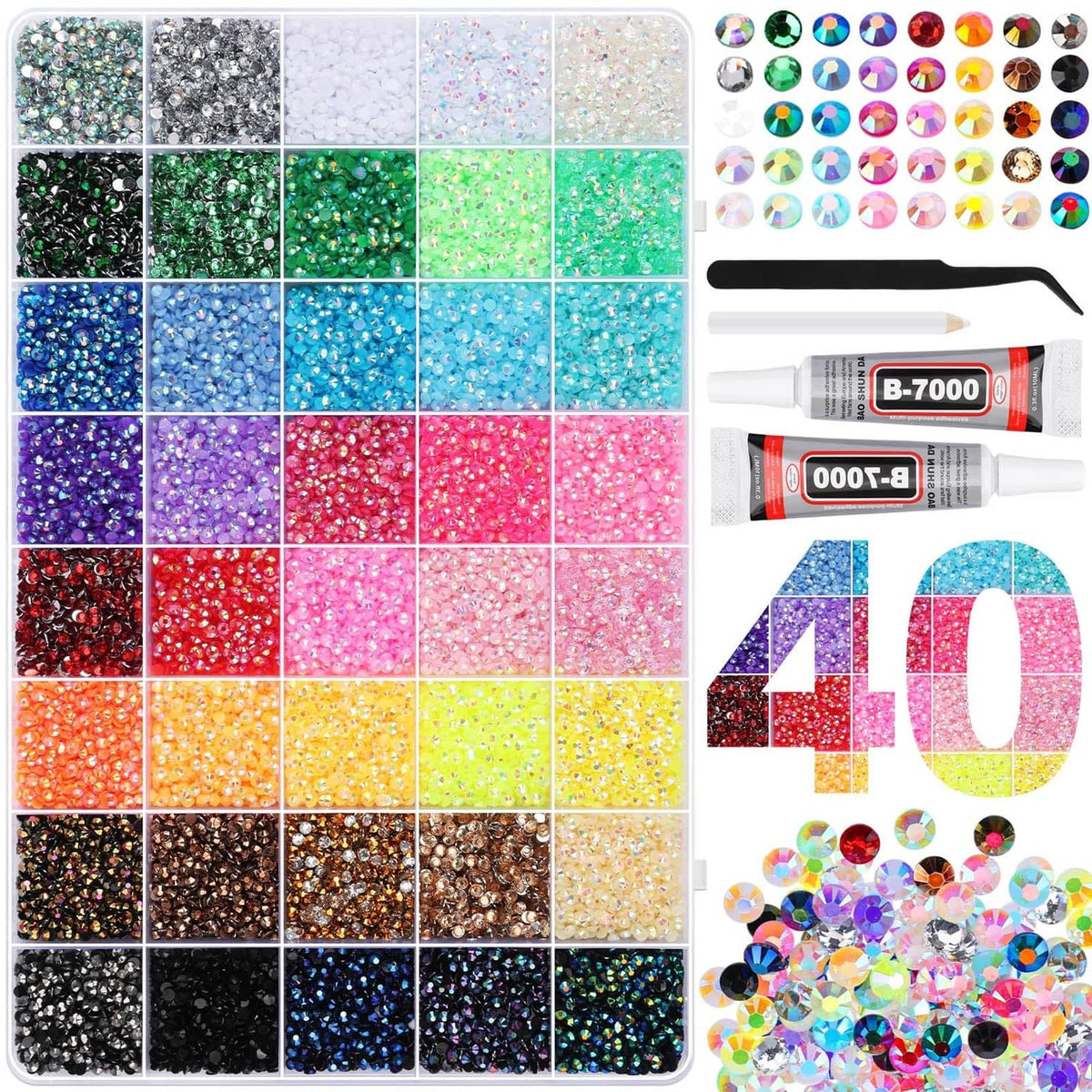 Multicolor 3mm rhinestones in a clear compartment storage tray for bedazzling crafts