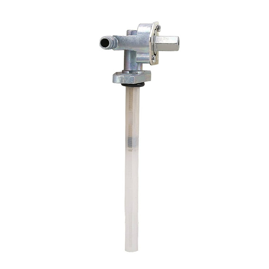 Fuel petcock valve switch with silver housing, side outlet port, and clear line