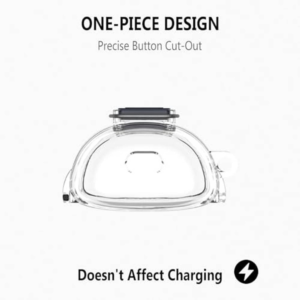 Clear TPU one-piece earbud case with top button cutout and charging-friendly design